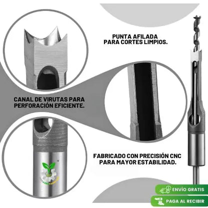 ADAPTADOR Y SET X4 BROCAS CUADRADAS PARA MADERA